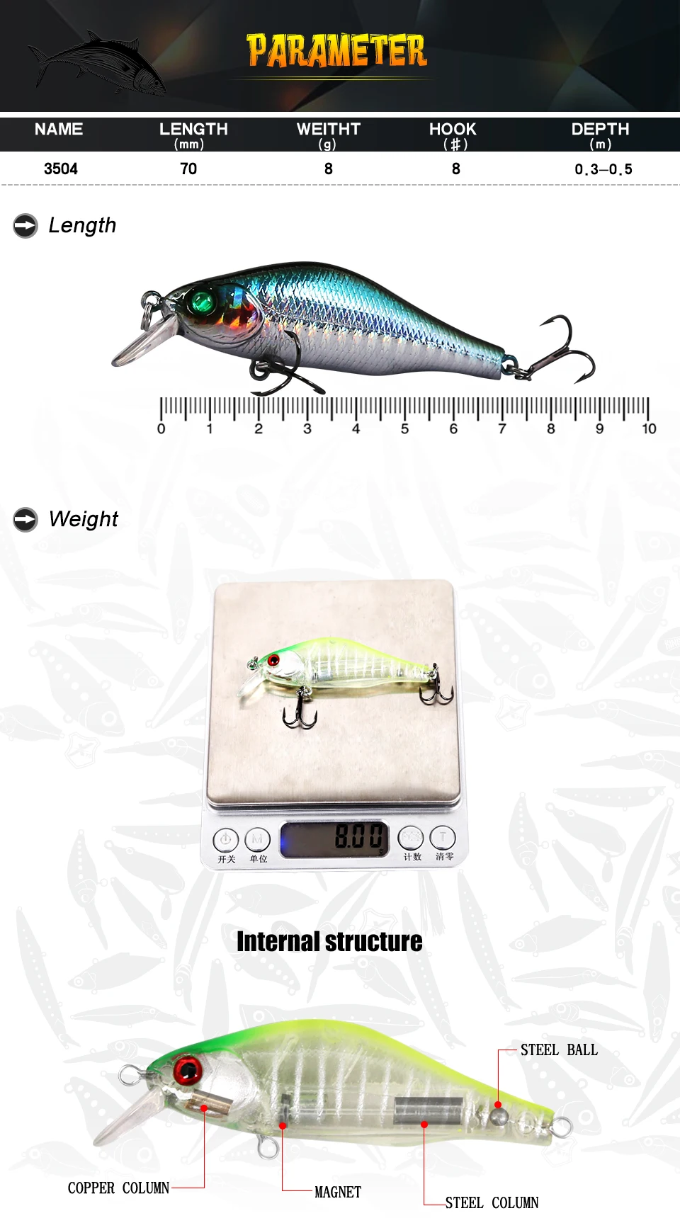Одна приманка рыболовная приманка 70 мм 8 г 3D воблер с глазами Воблер для мелкой рыбы приманки искусственные жесткие приманки пять цветов Модель 3504