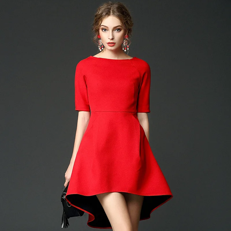 OYCP Vestidos женское асимметричное платье туника с рукавом три четверти тонкое красное однотонное платье Unice Lai Летний стиль alibaba express - Цвет: Красный
