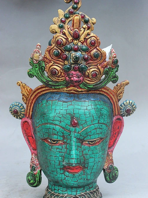 

13" Old Tibet Royal Buddhism Turquoise Gilt Kwan-Yin GuanYin Goddess Head Statue