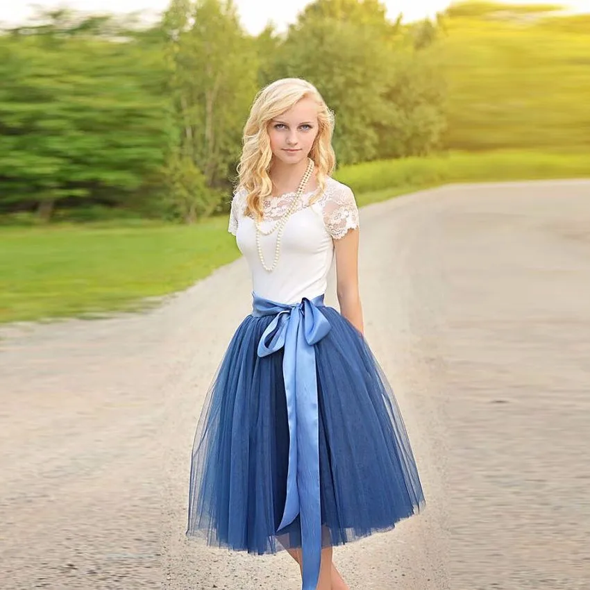 Ribbons Waist Tulle Skirt A Line Knee Length With Lining Dark Blue