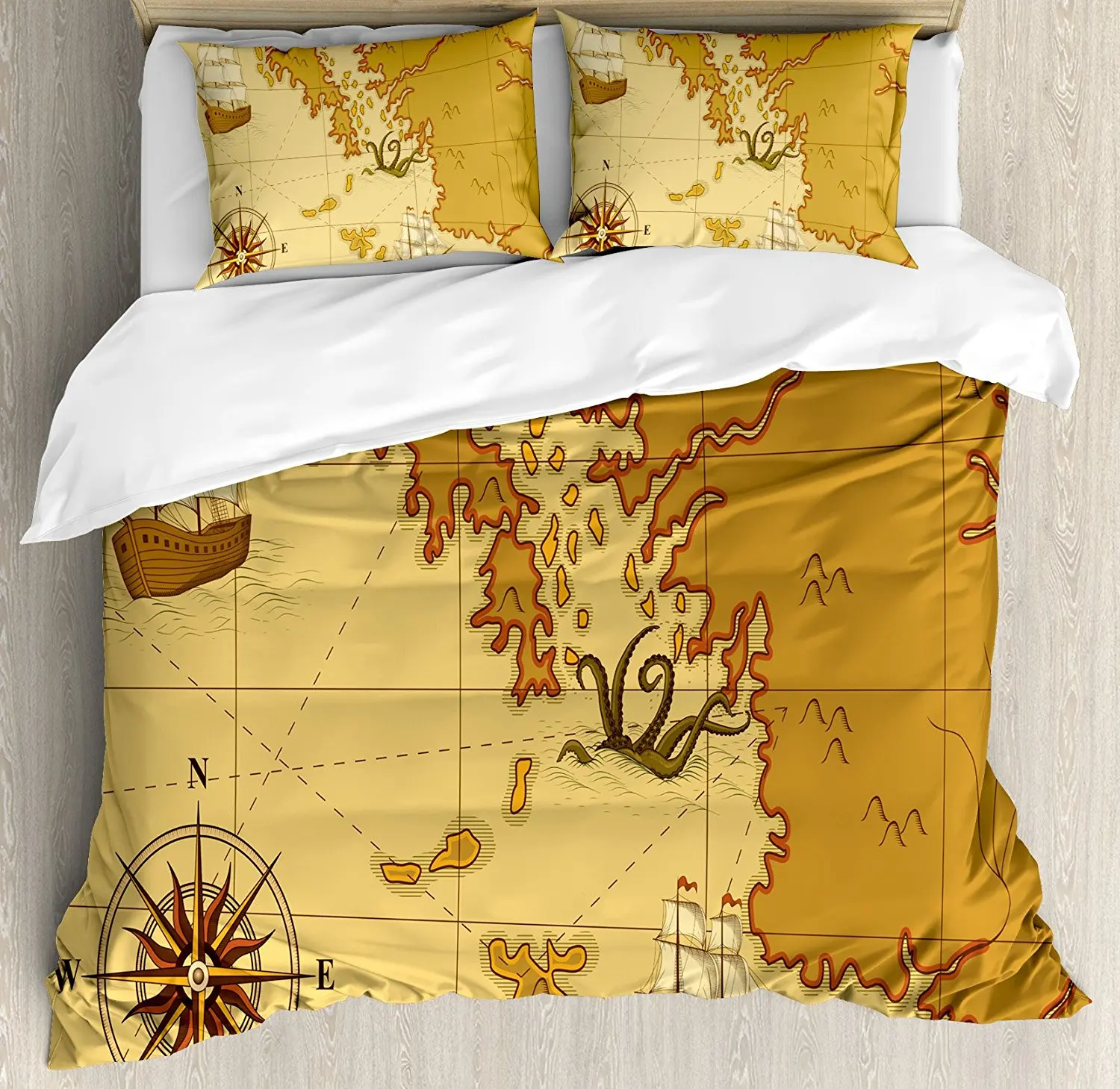 Kraken Duvet Cover Set Old Map with Compass and Ship Continent and