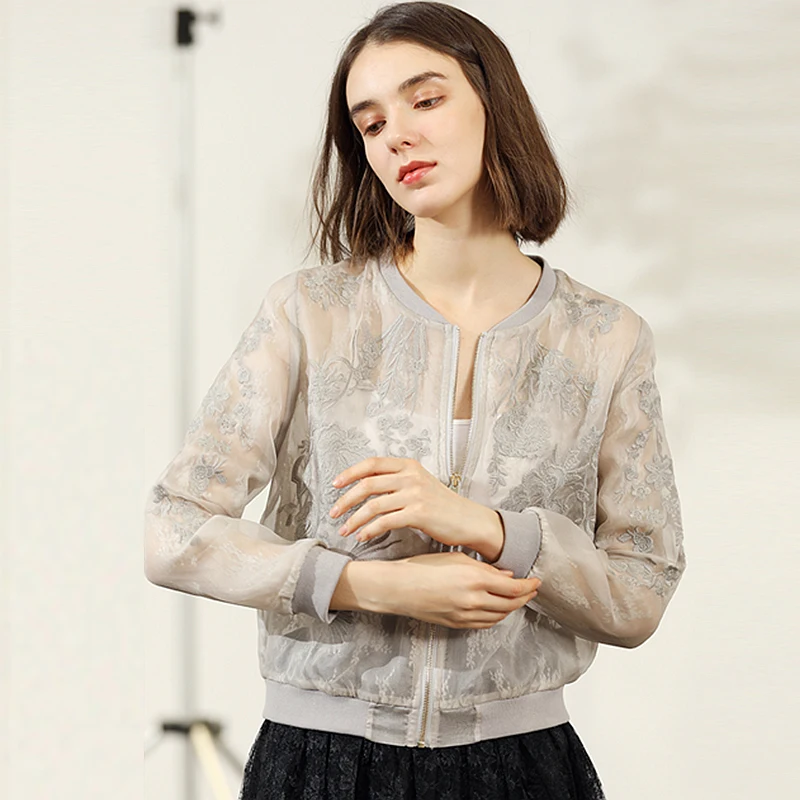discounted 100% Silk Organza Jacket Women Sunscreen Clothing Embroidery Lightweight Fabric Long Sleeve 3 Color