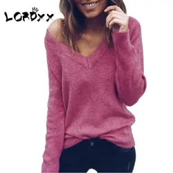 LORDXX Для женщин вязаный свитер v-образным вырезом свободная горловина Модные свитеры, Цвет осень-зима с открытыми плечами 2018