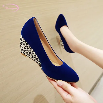 

Chinese street style comfortable round toe pumps fashion leopard slip-on black blue beige wedges high heels women shoes