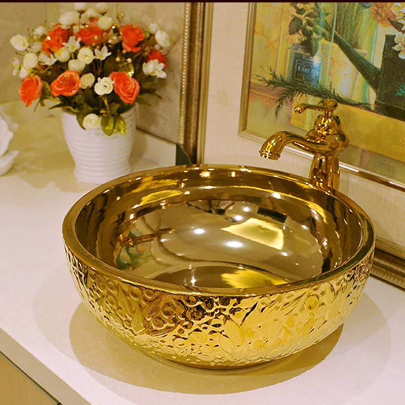 Living Room Deluxe Gold Color Ceramic Washbowl Basin Personalized