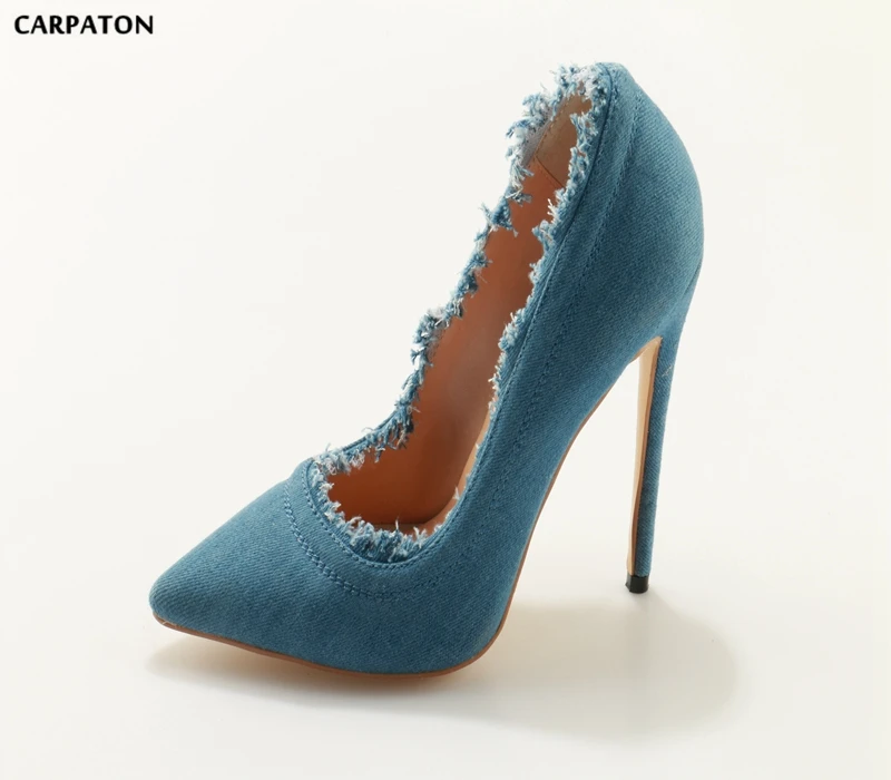 

Carpaton Casual Style Women Denim Uppers Thin high heels shoes Pointed Toe Slip-on Leisure Denim Turned-over shoes