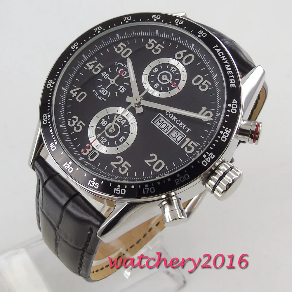 

44mm Corgeut Black Dial Top Brand Luxury Stainless steel Case Leather strap Date Automatic movement men's Watch