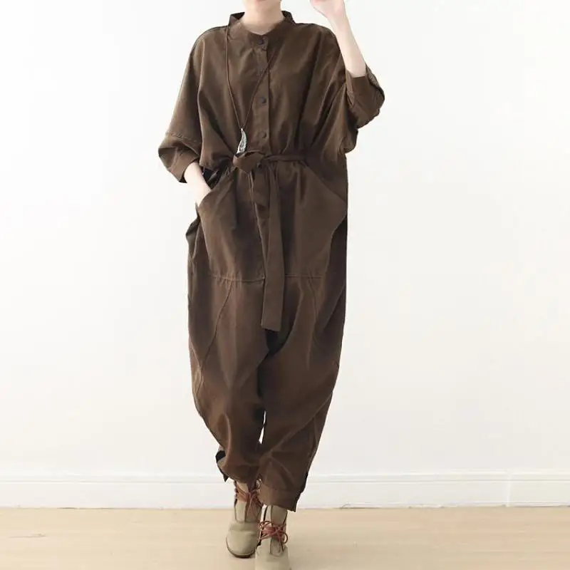 

Johnature Safari Style Jumpsuits Full Length Loose Solid Sashes Pockets Button 2019 New Spring/Summen Cotton Women Jumpsuit