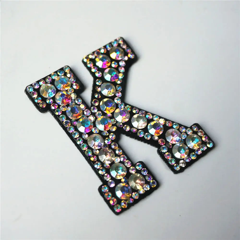 

K Letters Rhinestones ABC Alphabet Sew Iron On Patches Rainbow Shining Badges For Name DIY Jeans Appliques Craft Decoration