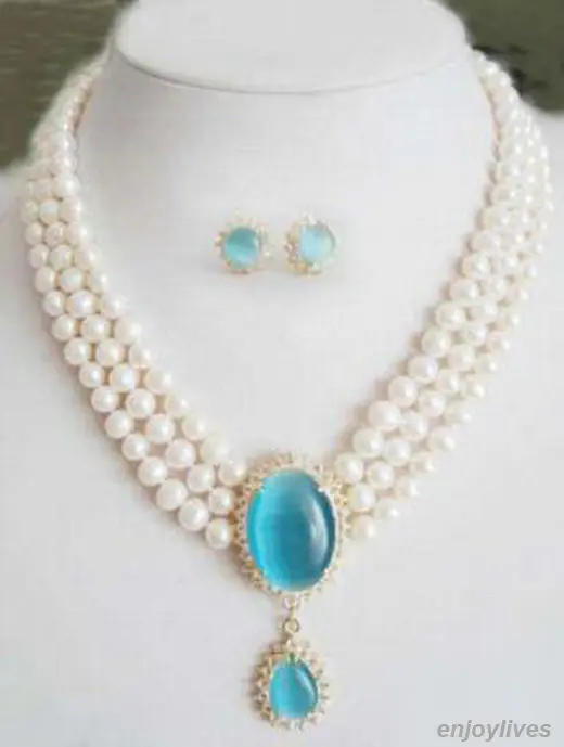 

hot Free shipping 3 Rows Genuine White Pearl Sky-Blue Opal Gold Plated Pendant Necklace Earrings set