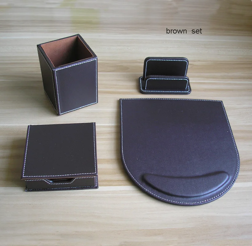 wooden leather desk office stationery organizer pen holder pencil case card note case desk accessories black K209A 4PCS /set
