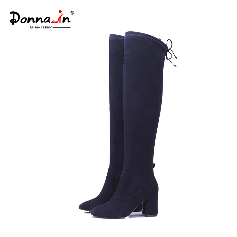 

Donna-in high boots above knee elastic microfiber woman booties square toe thick heels ladies shoes fashion long boots 2018 new