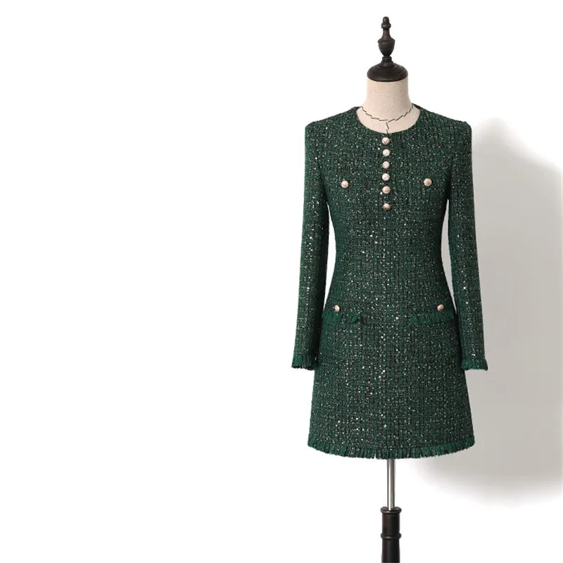 

Handmade Luxury Dress for Women Fashion Tweed O Neck Long Sleeve Buttons Dress Green