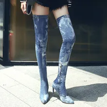 Senhoras Mulheres Bota Calcanhar Super Alta Tornozelo Sobre O Joelho Bota Denim Zipper Botas Sapatos sapato bota feminina feminino estampado # P12