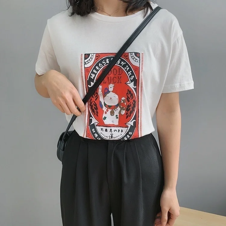 Fashionshow-JF النساء ملابس علوية من القطن و المحملات الكرتون الفتيات أزياء الصيف الخريف س الرقبة قصيرة الأكمام الملابس حظا سعيدا مع القط Fashionshow-JF النساء ملابس علوية من القطن و المحملات الكرتون الفتيات أزياء الصيف الخريف س الرقبة قصيرة الأكمام الملابس حظا سعيدا مع القط