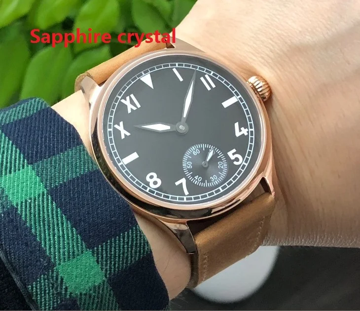 44mm Sapphire crystal or mineral glass Asian 6498 Mechanical Hand Wind movement men's watch Rose gold case luminous pa159-p8 - Цвет: Sapphire crystal