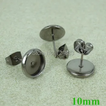 

10mm Gunmetal Black tone Blank Earrings Bases Round Bezel Stud Pin Earrings Post w/ Stopper Earring Settings Findings Wholesale