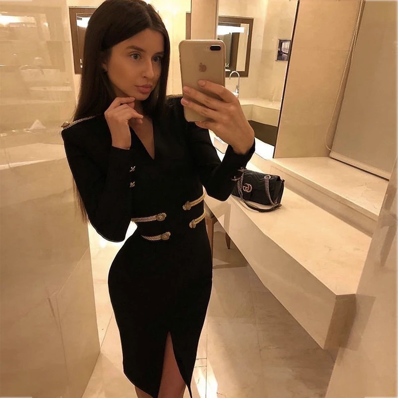 

High Quality Green Red Black Long Sleeve Open Fork Rayon Bandage Dress Homecoming Party Bodycon Dress