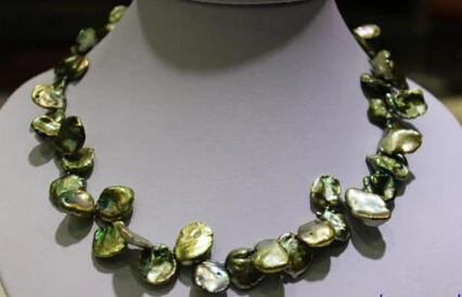 

FREE SHIPPING>>>@@ > N3803 Green Beautiful keshi reborn pearl necklace13x16mm-17.5INCH
