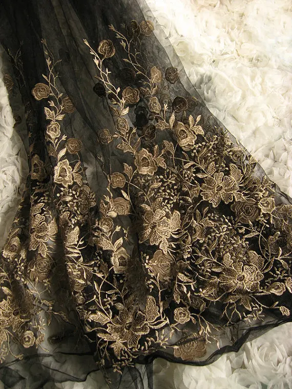 

1yard black gold embroidered Lac Fabric, apricot skin mesh lace fabric, Baroque style tulle lace fabric, net mesh lace fabric