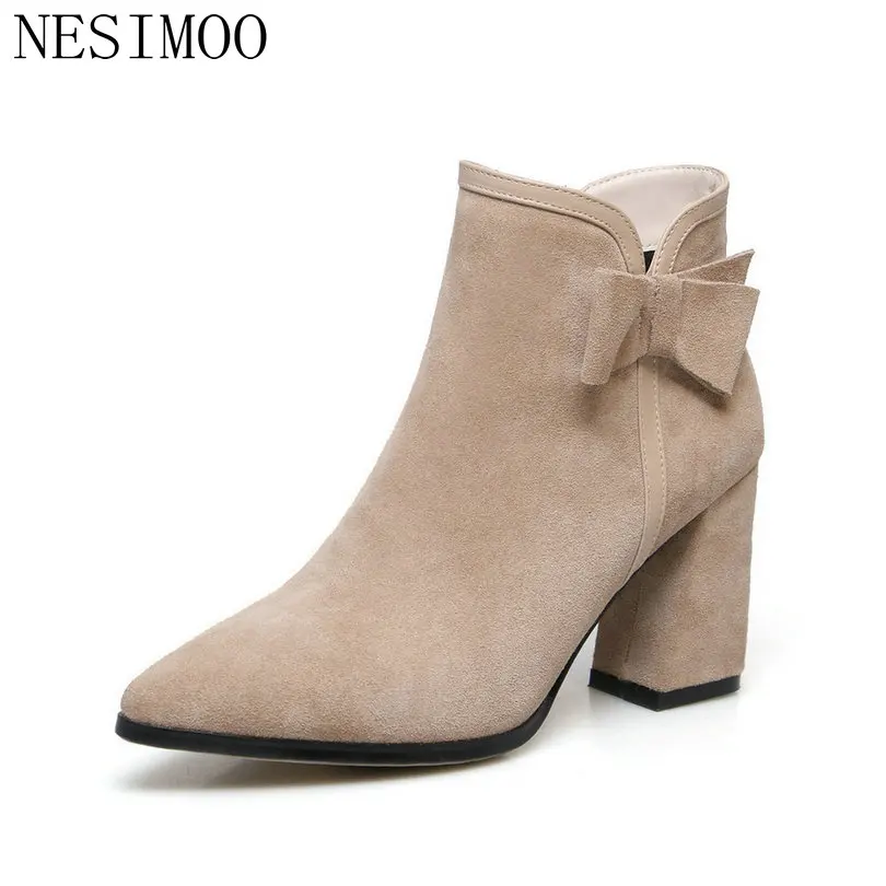 

NESIMOO 2019 Women Shoes Ankle Boots Square High Heel Cow Suede Pointed Toe Butterfly-Knot Ladies Motorcycle Shoes Size 34-39