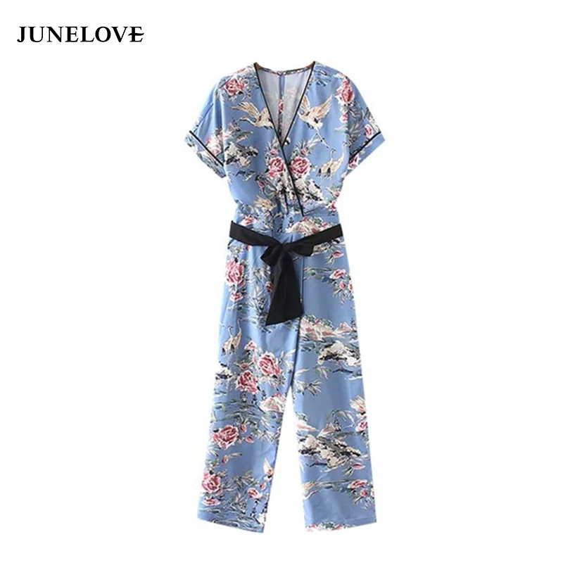 

JuneLove women vintage floral V neck jumpsuits bow tie sashes short sleeve back split rompers ladies summer playsuits
