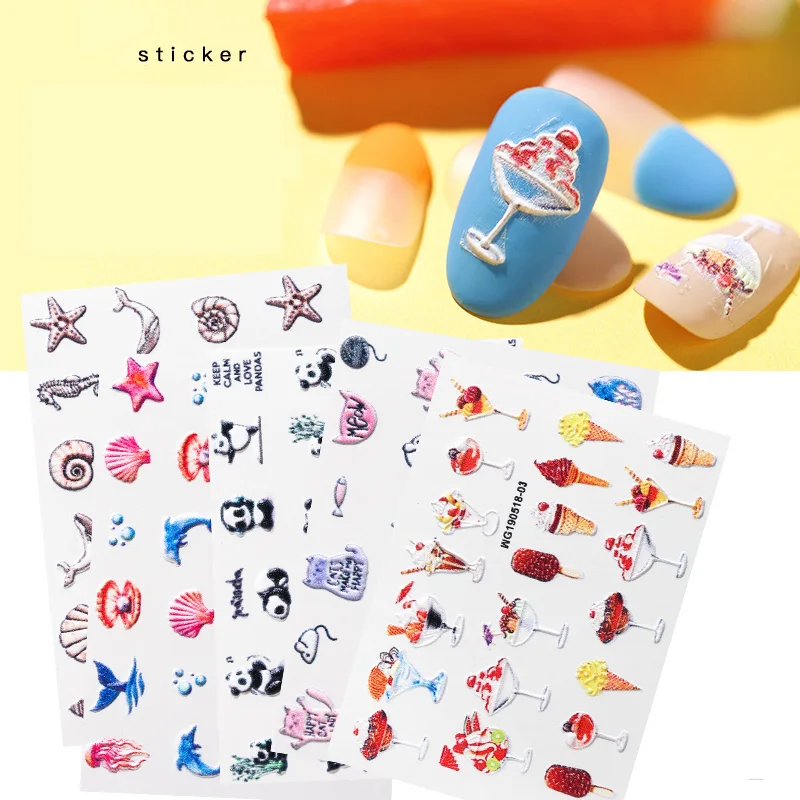 

3D Acrylic Engraved flower Nail Sticker cactus flower shell panda shape Water Decals Empaistic Nail Water Slide Decals Z0128