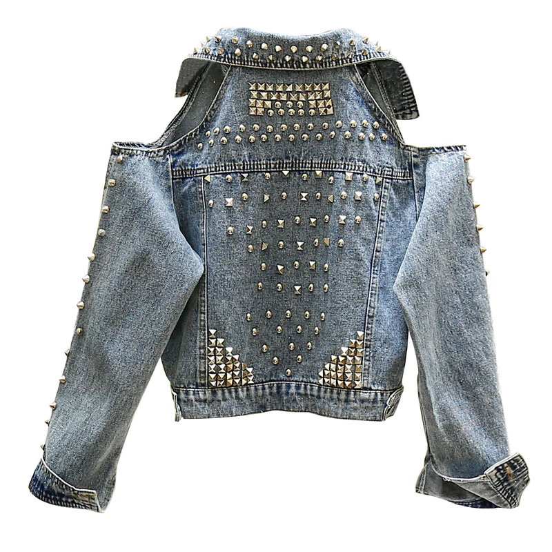 lower price  European Vintage Off Shoulder Jean Jacket Woman Rivet Loose Coat Long Sleeve Denim Jackets Sexy Off