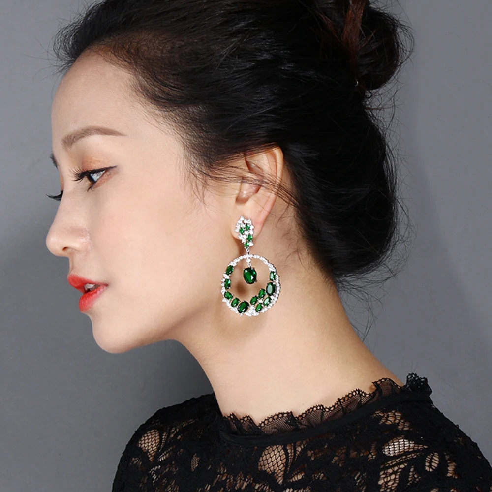 Extremely Attractive dangling earring Blue Green and Clear Oval cut stones of Cubic Zirconia Big Round Dangle Pendant Earrings
