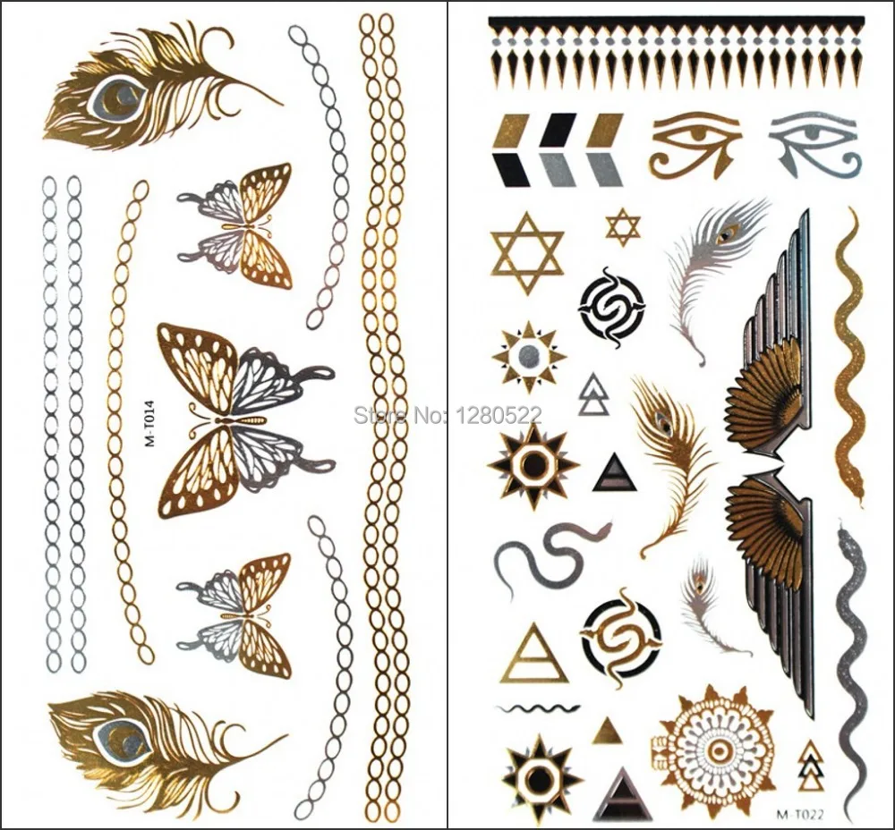 

wholesale 100 Sheets gold Silver Metal Flash Tattoo Metallic Tattoo Sticker Temporary Body Art man womenTattoos 12 Models Choose