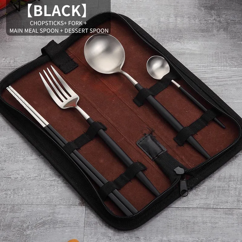 Worthby 4 шт./компл. Вестерн набор столовых приборов с Портативный сумка 304 Нержавеющая сталь Путешествия Посуда Ножи вилка обеденная ложка набор - Цвет: Style B Black