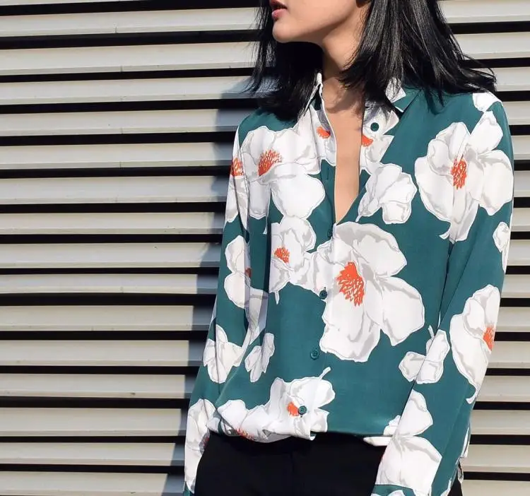 EQ 100 washed silk floral print Ladies long sleeve blouses women
