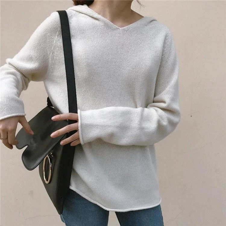 cashmere wool blend knit women hooded crimping pullover sweater coat wide loose large size S-3XL