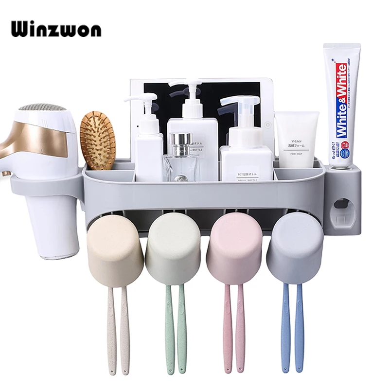 1 مجموعة الإبداعية الحمام التخزين المنظم كسول التلقائي معجون الأسنان موزع 8 فرشاة الأسنان حامل مجفف الشعر حامل حمام رفوف