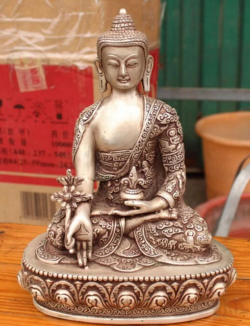 

9" Chinese Tibetan Buddhism Silver Medicine Buddha Seat With Work Bowl Statue S0708 (B0328)