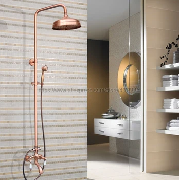 

Antique Red Copper Wall Shower Set Faucet Brass Dual Ceramic Handles Bath Shower Mixer Taps 8" Rainfall with Handshower Nrg531
