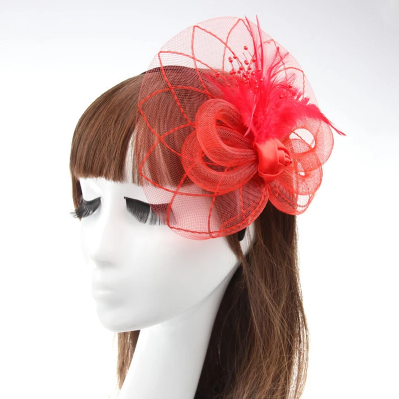 Женская Свадебная вечеринка церковный головной убор кружева перо модные аксессуары для волос 026 - Цвет: Red