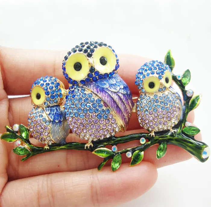 Austrian Crystal Classic Blue 3 Owl branch Bird Vintage Brooch Pin Gold