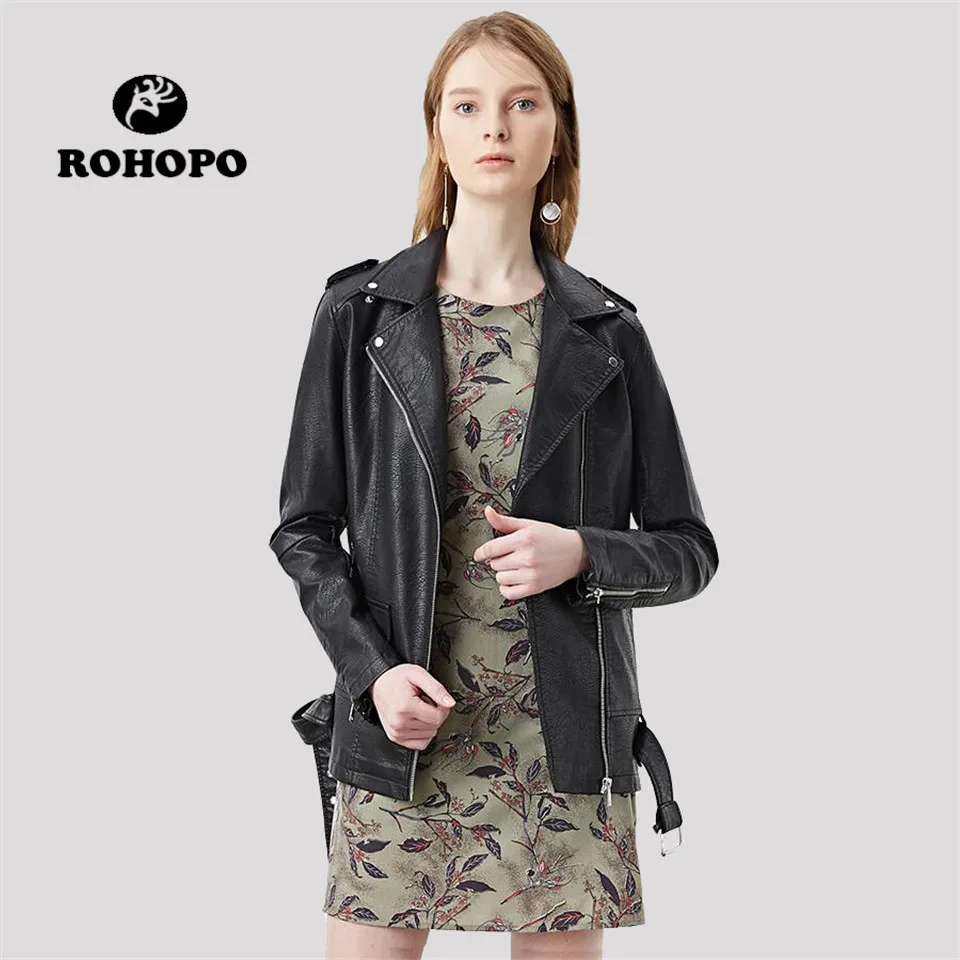

ROHOPO Leather Jacket women slim V Neck Zipper Shoulder Band Leather Jackets Female Punk Casual Quality Leather Outwear Girl
