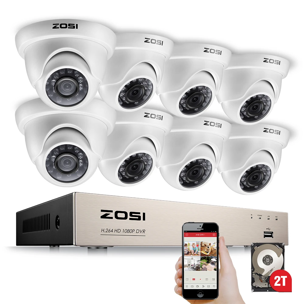 ZOSI 1080P Security Camera System 8CH CCTV System 8 x 2.0MP Indoor/Outdoor Video Surveillance System Kit Motion Detection Alerts