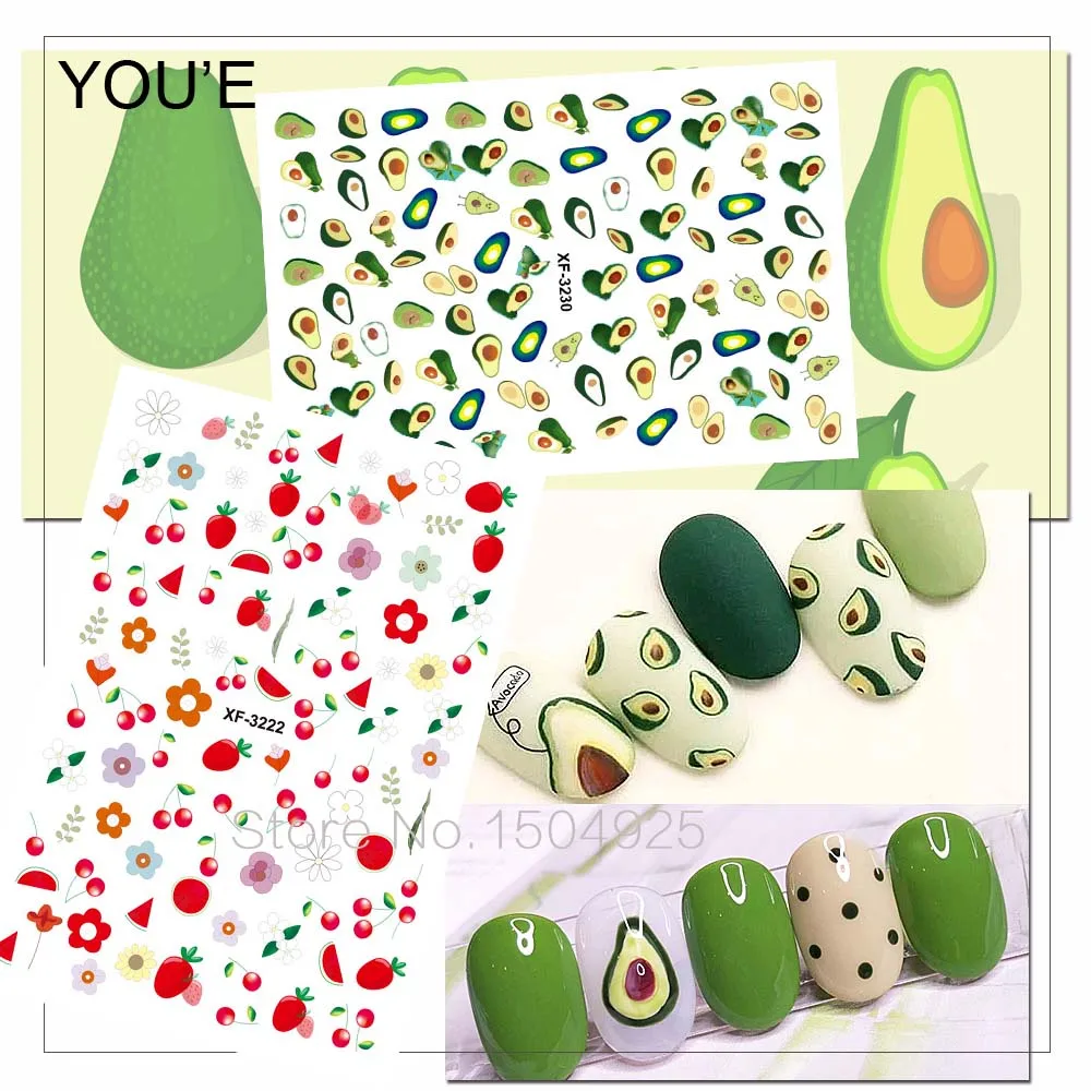 

Nail Art Stickers for Nails Back Glue Summer Fruits Decals Manicure Design DIY Watermelon 3D Nails Sticker Accessoires Avocado