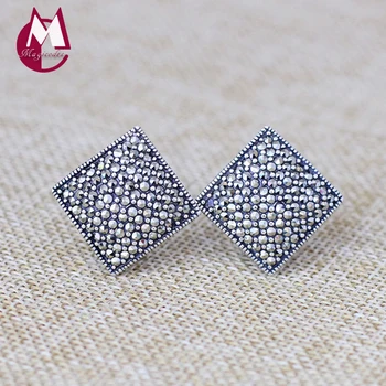 

100% 925 Sterling Silver Stud Earrings For Women Korean Fashion Gem Lady Elegant Square Earrings With Stone NEW Jewelry SE31