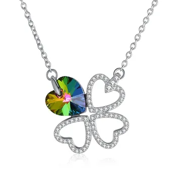 

Lady 925 Sterling Silver Pendant Necklace Fine Zircon Four Leaves Love Heart Austria Crystal Pendant S925 Women Party Necklaces