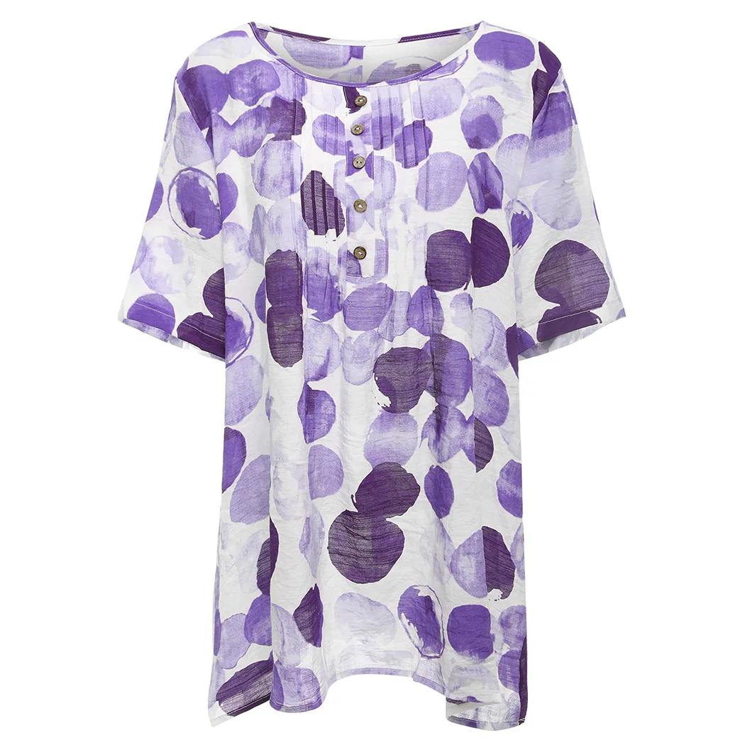 Señoras Plus Boho Botón blue Black Impreso purple Tamaño Algodón Suelta Nuevo Blusa Mujeres Vintage Tops Túnica Verano Camiseta vq4xW7zwWO