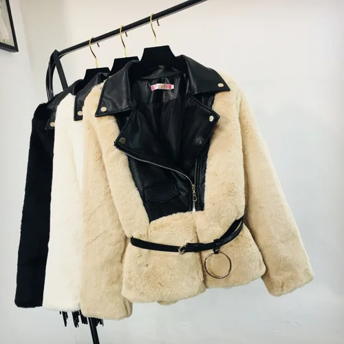 Новая осенняя и зимняя женская куртка из искусственной кожи с отворотом, пальто с поясом, женская тонкая теплая куртка из искусственного меха - Цвет: Хаки