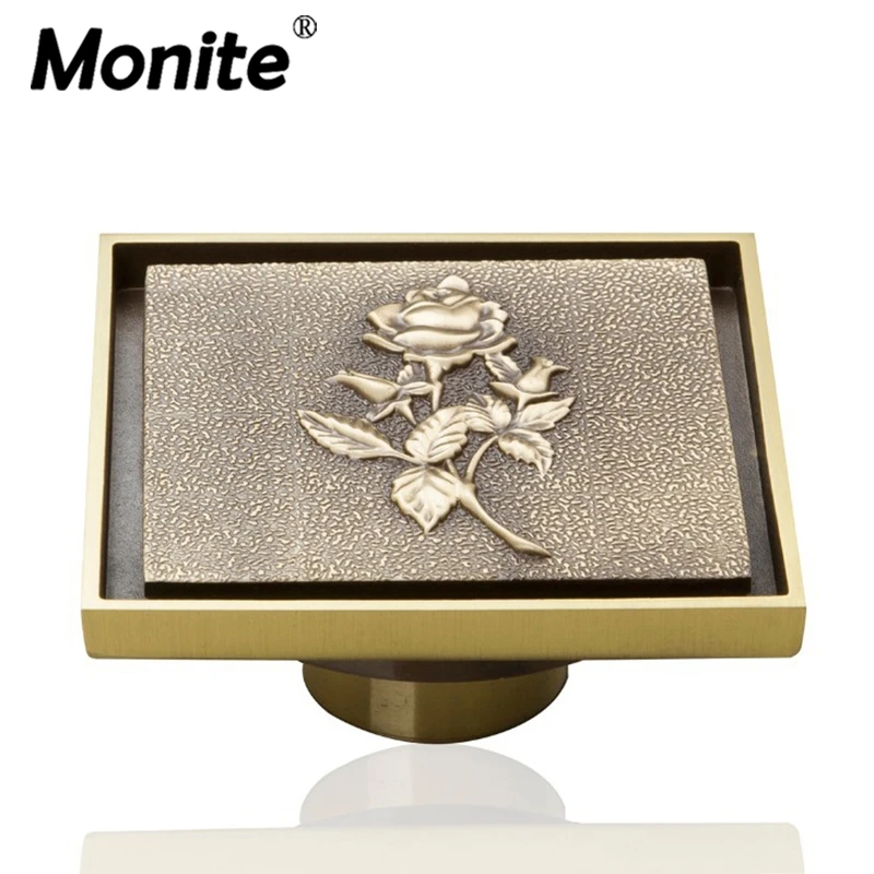 

Monite Rose Pattern Antique Brass Invisible Floor Drain Bathroom Basin Sink Kitchen Floor Drain