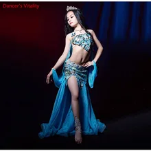 Профессиональный сделанный на заказ танец живота для детей 3 шт. танец живота костюм из спандекса комплект платье для девочки/женский танцевальный костюм