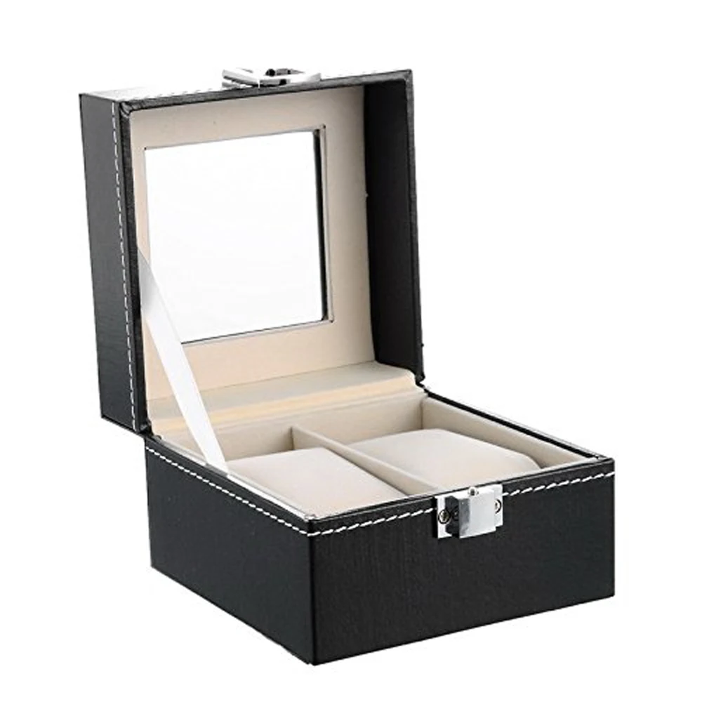 

SZanbana Watch Box Small 2 Mens Black Leather Display Glass with Removable Watch Pillow Velvet Lining Metal Clasp Faux Leather