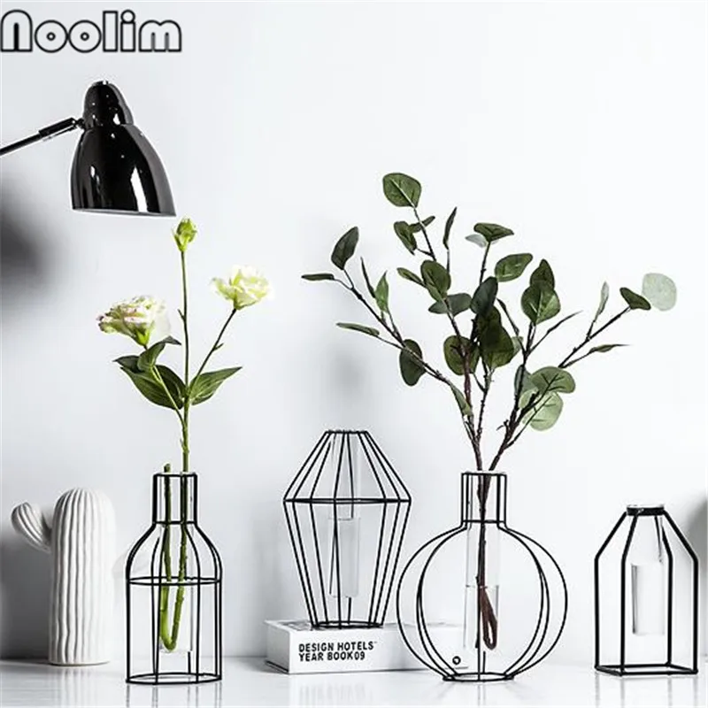 

Creative Concise Glass Vase With Iron Frame Hydroponic Plant Flower Pot Desktop Decoration Artificial Flower Container Vase