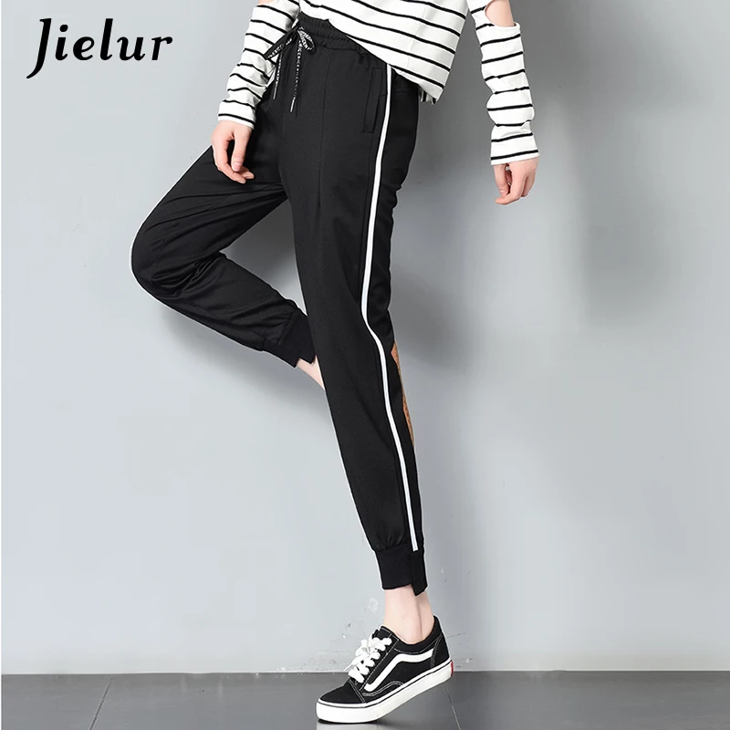 

Jielur Elastic Waist White Stripe Fashion Harem Pants Spell Color Casual Trousers for Women Chic Basic Black Sweatpants Women